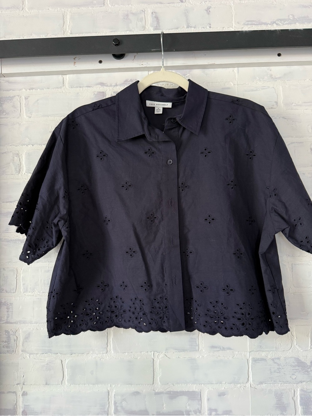 Free Assembly Navy Eyelet Cotton Button-Front Blouse